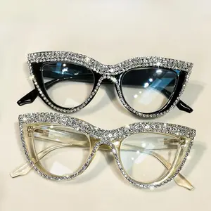 2pcs Cat Eye Rhinestone Fashion Glasses for Women, Elegant Anti-Blue Light , Stylish Full-Frame Design with Sparkling Crystals, Black & Translucent Frames, Antiblue Light Protection| Decorative Eyewear| Polycarbonate Lenses- Blocking Screens Women's Clear