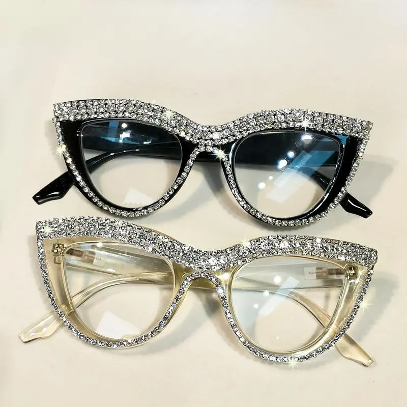 Women's Fashion Eyeglasses - 2-Piece Full-Rim Cat Eye Rhinestone Statement Frame Screen Wear, Black & Translucent Unisex Non-Prescription Polycarbonate Blue Light Blocking Lens Eyewear Accessories, Rhinestones, Decorative