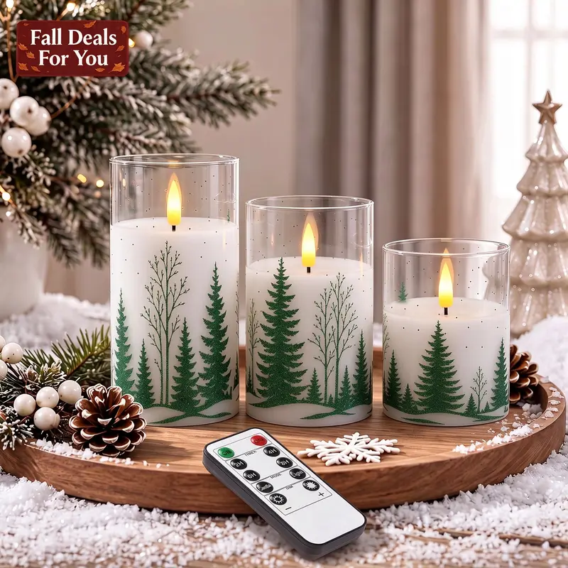 Battery-Powered Flameless LED Pillar Candles (Set of 3, H4"-5"-6") - Real Wax Glass, 3D Wick Flickering Light, Remote Control, Switch, Indoor Candle-Shaped Specialty & Decorative Lighting, Christmas Decor Gifts