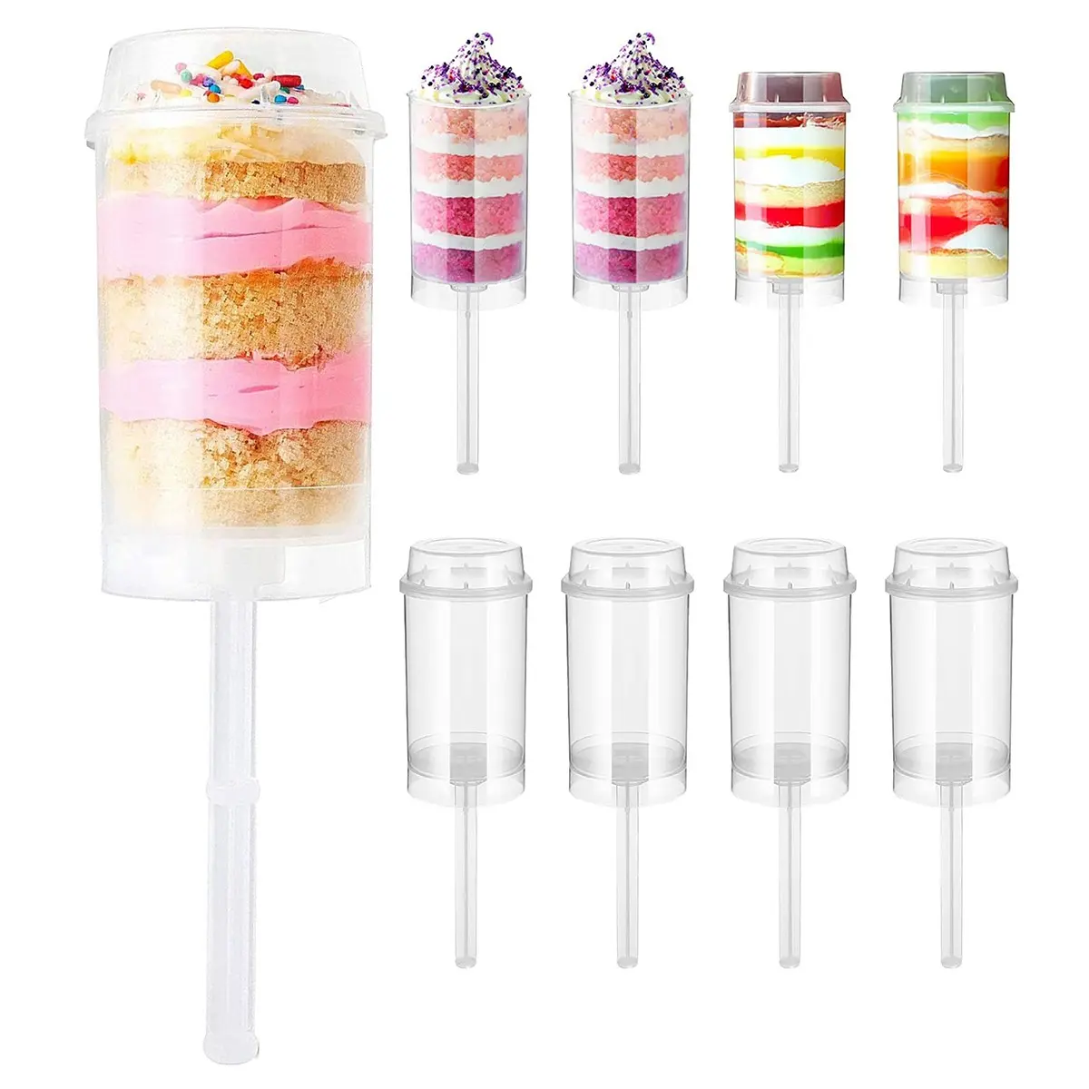 20pcs Plastic Transparent Cake Push Pop Containers with Lids, Reusable Round Shape Push Up Cake Shooter Clear Cake Holders for Ice Cream Baking Molding