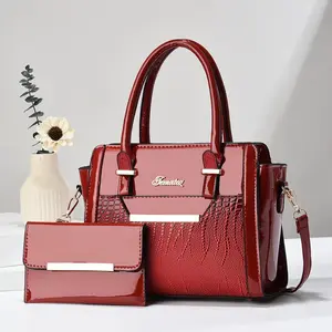 Medium Size Women's 2-Piece Bag Set with Glossy Crocodile Pattern Design, Elegant Gold-Tone Hardware,  Dual Top Handles & Adjustable Crossbody Strap, Matching Wallet Included