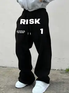 Men's Risk Letter Print Straight Leg Pants, Street Fashion Casual Comfy Trousers for Daily Wear, Men's Bottoms for All Seasons, Casual Minimalist Trousers