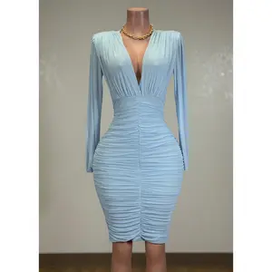 BIRDIE BABY BLUE MESH RUCHED BODYCON V-NECK MIDI DRESS