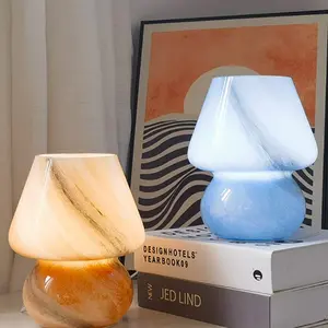 LED Desk Lamp, Mushroom-shaped Glass Desk Lamp, Beige/Blue, US Button Switch, E27 Socket (Bulb Not Included), For Bedside, Bedroom, Living Room, Study, Modern Indoor Decorative Table Lamp