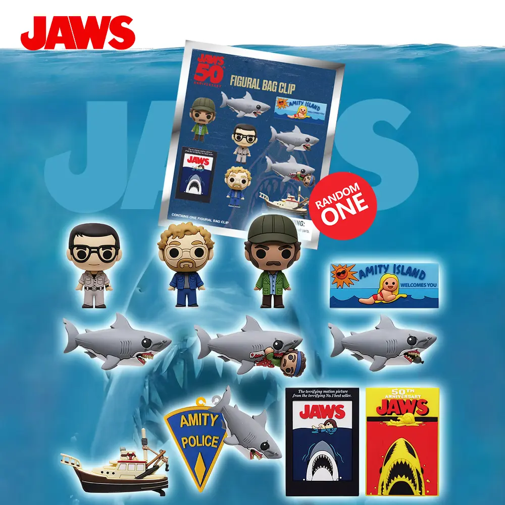 1PC Jaws 50th Anniversary Blind Bag Keyring Collectible Figure Charm Authentic Keychain Featuring Shark Brody Hooper Random One Official Merchandise for Fans of the Classic Movie Great for Backpacks Bags and Gifts, Character Variety, Keychain Surprise