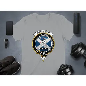 MacQueen Scottish Clan Crest on St Andrews Flag T-Shirt