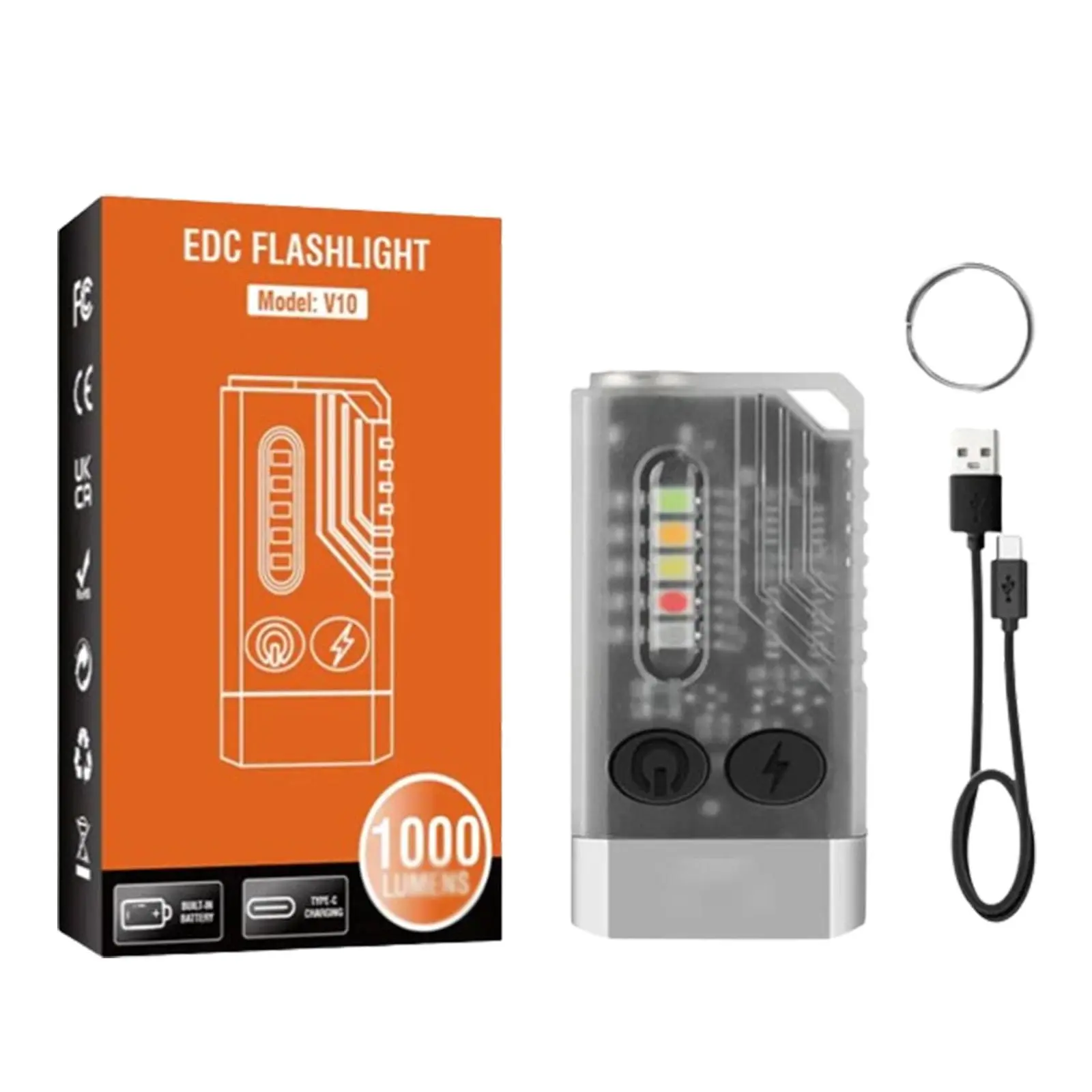 V10 LED Mini Flashlight USB Rechargeable 1000 Lumens IPX4 EDC Flashlight UV Light with Buzzer Alarm Suitable for Camping and Emergencies