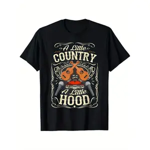A Little Country A Little Hood Vintage Western Hip Hop Rap T-Shirt - Men's Casual Cotton Tee with Guitar & Hat Graphic, Black, Short Sleeve, Round Neck, Machine Washable