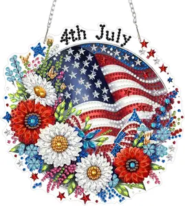 5D Crystal Diamond Painting Suncatcher, 4th of July American Flag & Floral Wreath Hanging Ornament for Patriotic Home Decor
