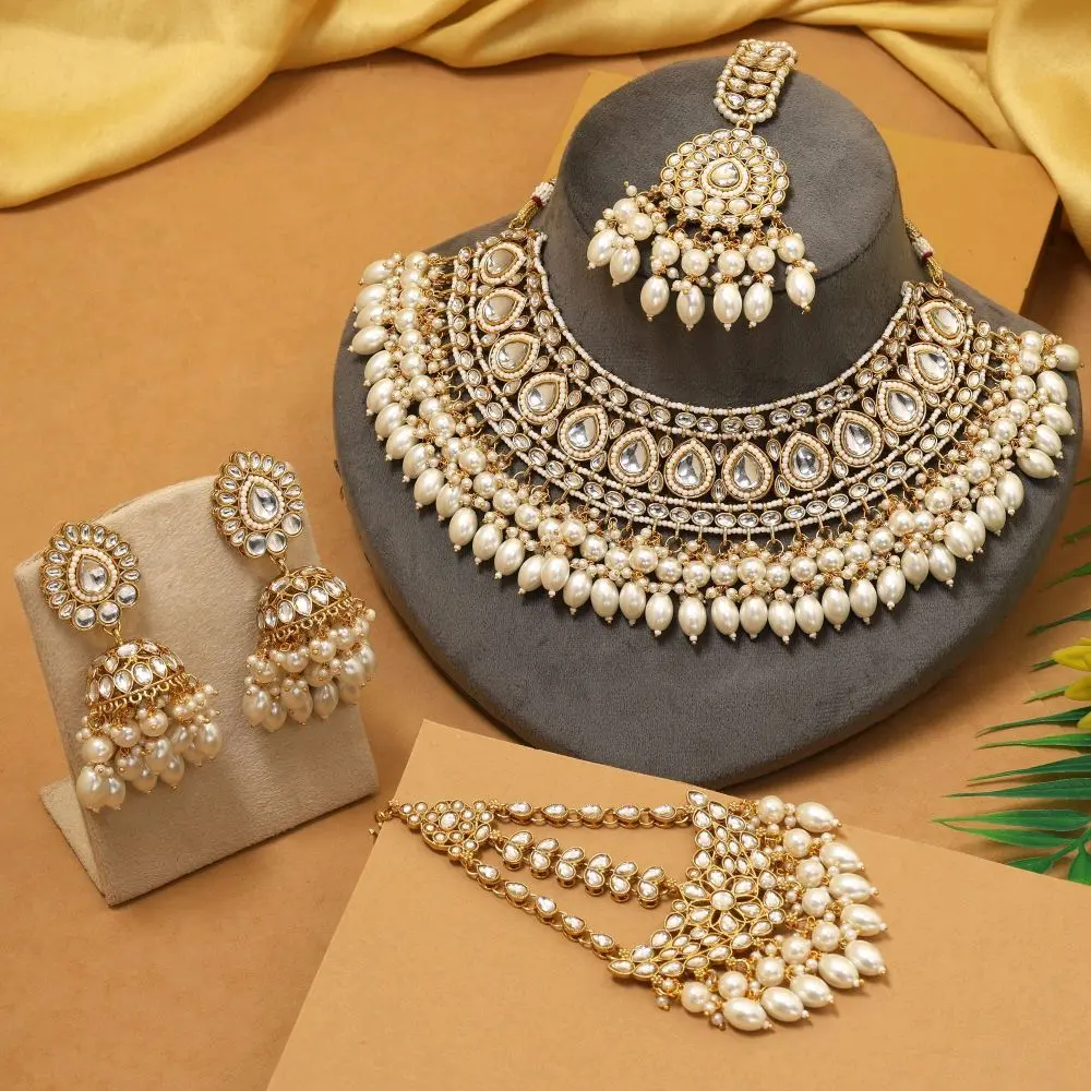 Women's Bridal Kundan Stone & Imitation Pearl Jewelry Set - Matching Necklace, Tikaa, Maang Paasa, Earrings for Elegant Traditional Look, Anniversary Gifting (Elegant Jewelry Set, Necklaces for Women)
