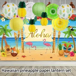 11Pcs Hawaiian Pineapple Party Decoration Paper Lantern Set, Summer Birthday Theme Layout Paper Lantern Pineapple Honeycomb Hanging Paper Fan Flower, Paper Lantern and Fan - Great for Summer Celebration and Hawaii Theme Activities, Birthday Event Party
