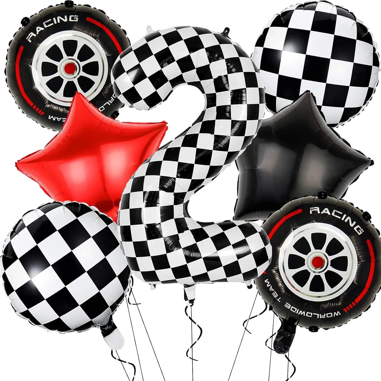 Race Car Balloons Birthday Party Decorations - Checkered Number 2 Balloon, Black And Red Star Balloons, Checkerboard Balloons And Wheel Balloons For 2Nd Birthday Race Car Themed Party Decorations