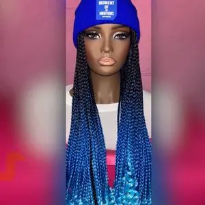 Women's Custom Made 24" Black/Blue Box Braids with Curly Ends Wig Hat by Moment of Ambitions