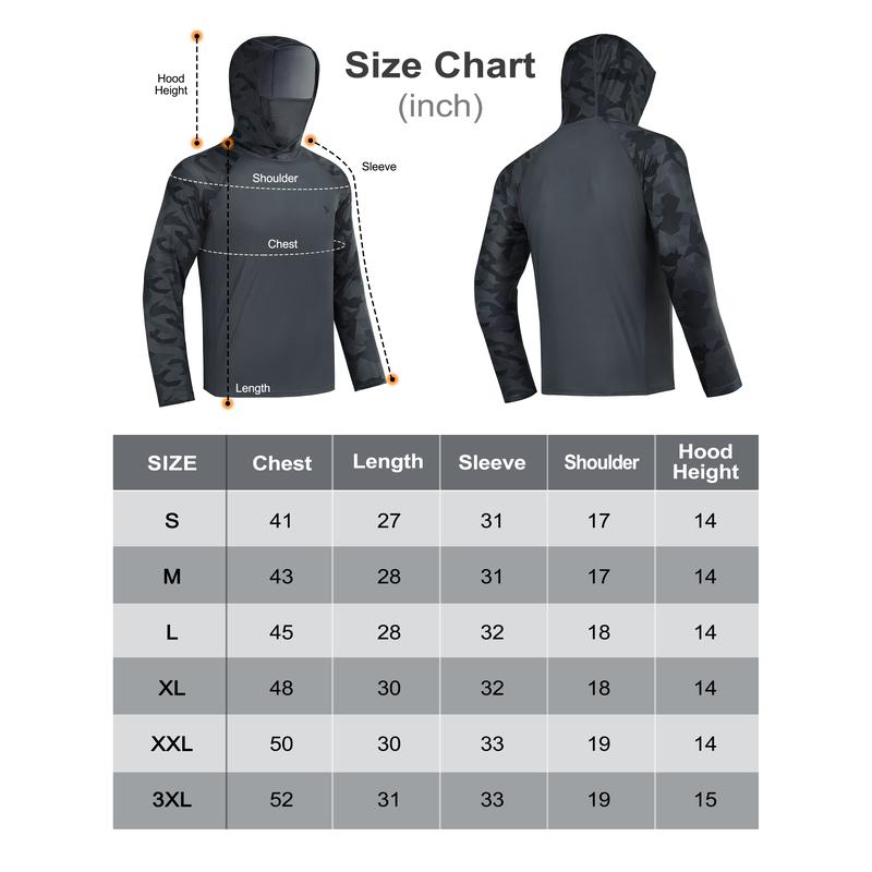 RODEEL 915 Sun Hoodie Shirts with Mask Neck Gaiter Men UPF 50+ UV Protection Raglan Long Sleeve Lightweight Quick Dry Moisture Wicking Breathable Cooling Athletic Activewear for Outdoor Hiking Fishing Boating Biking Sport Construction Roofing Landscaping