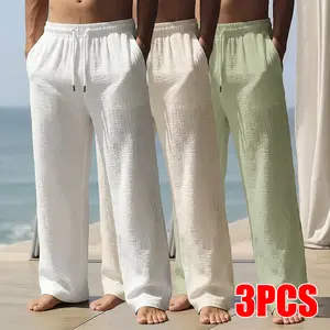 3-Pack Men's Casual Textured Drawstring Waist Wide Leg Pants Beach Vacation Summer Outfit