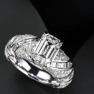 Aossio Vintage Glam Emerald Cut Ring for Women with Sparkling Diamond Accents Classic Design