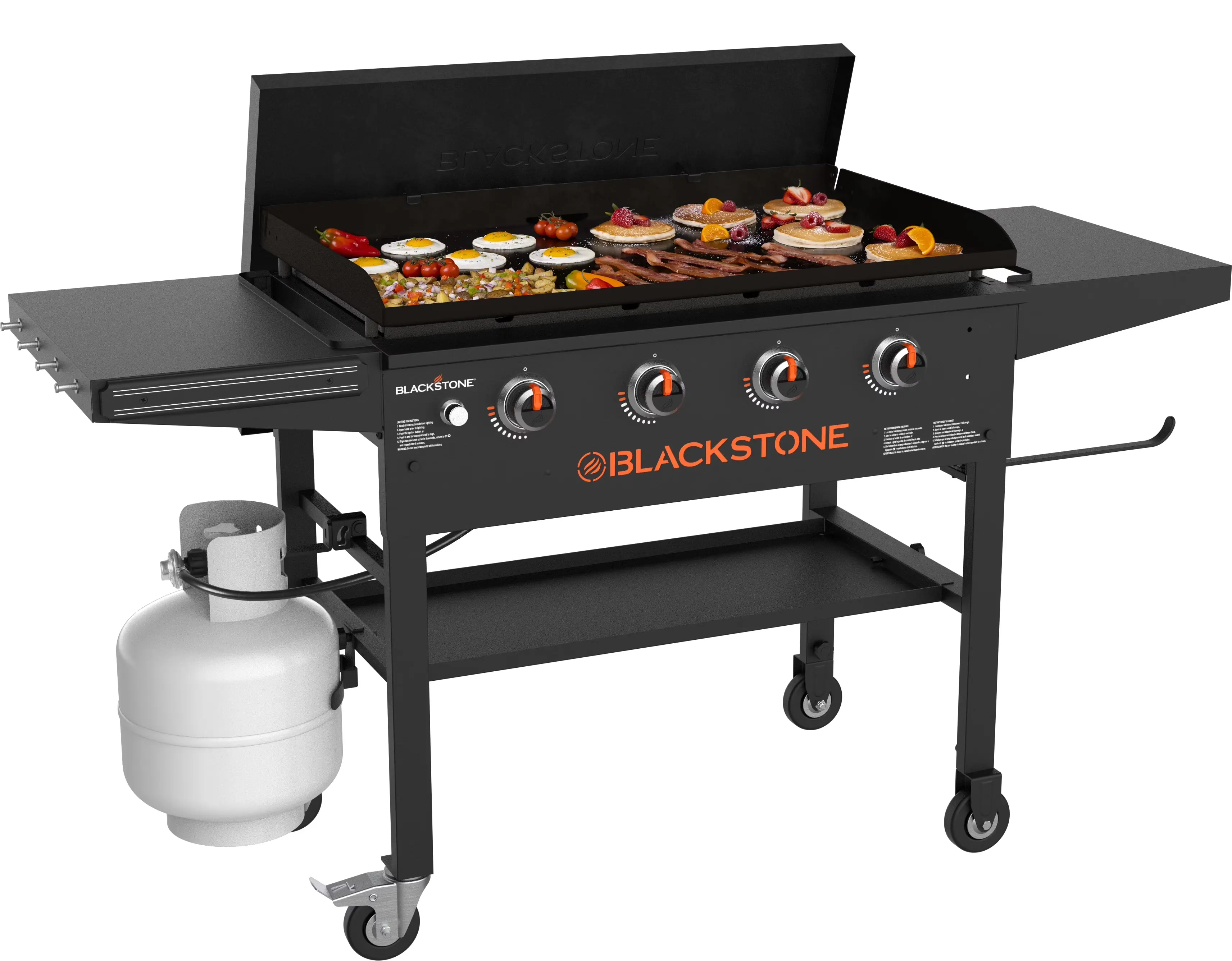 Original outdoor grill, 4 burners, 36-inch diameter, flat top, with hard cover, black color. Original outdoor grill, 4 burners, 36-inch diameter, flat top, with hard cover, black color.
