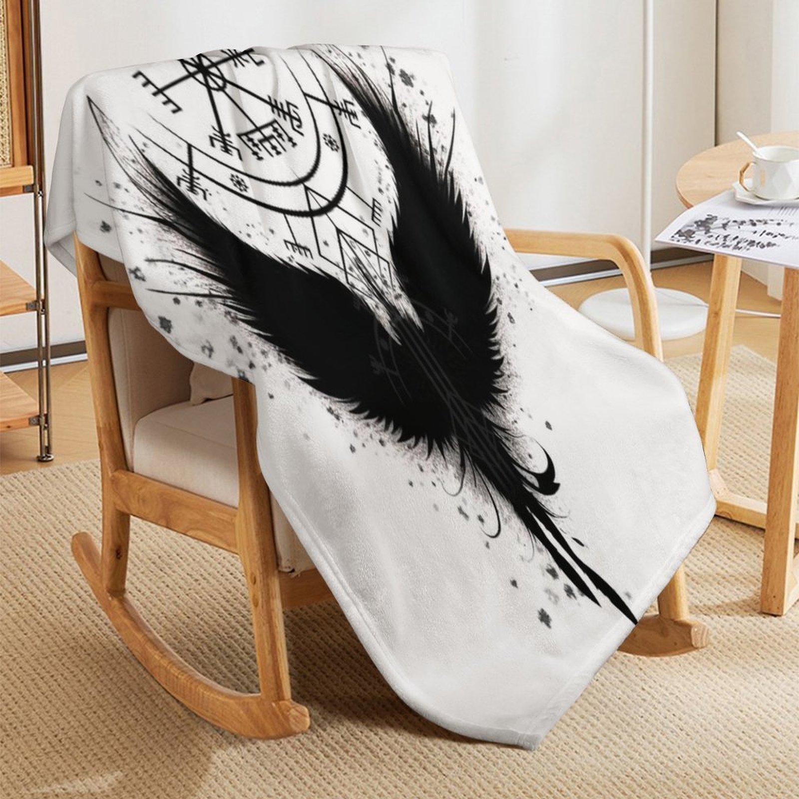 Viking Vegvisir Raven Fleece Blanket, Norse Mythology Black Crow Wings Print Soft Cozy Throw, Gothic Pagan Witchy Home Decor Gift for Couch Bed