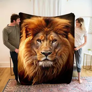 1PC Majestic Lion Print Flannel Rug, suitable for sofa throw covers, beds, air conditioning blankets, office and travel blankets, comfortable home decor rugs, sofa shawls, suitable for all seasons.