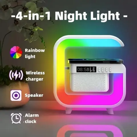 4-In-1 Wireless Rechargeable Charger with Ambient Light & Bluetooth-compatible Speaker, Multi-Functional LED RGB Environment Lighting, Supports TF Card & USB Drive, Multifunctional Charger