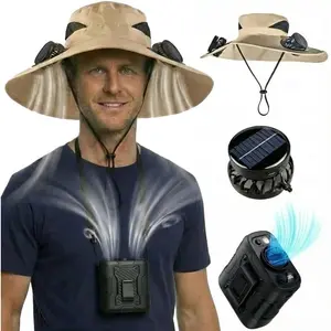 Portable Fan with Solar Fan Hat 2-in-1 Combo, Wide Brim UPF 50+ Sun Hat with Detachable 4-Speed Neck/Waist Fan, LED Light for Camping Hiking Fishing Outdoor