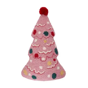 Peking Handicraft 31AV626C14OB 9 x 14 in. Shaped Holiday Tree with Pom Blown In Fill Hook Pillow, Multi Color