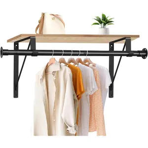 Closet Rod, 16 to 51 Inch Closet Rods Heavy Duty Adjustable Wardrobe Poles for Hanging Clothes and Heavy Duty Bracket Closet Pole Support (The Shelf NOT Included)(Black)