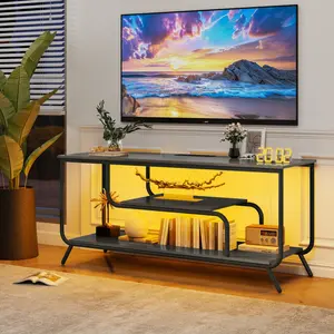TV Stand with Power Outlets and LED Lightsfor TVs up to 55 Inch, Entertainment Center with Shelves, Modern TV Console Table for Living Room & Bedroom, Light Gray
