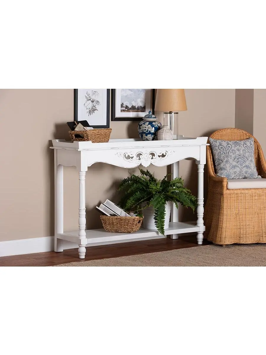 Baxton Studio Rafferty Distressed Console Table - Vintage-Inspired White Entryway Side Table with Ornate Carved Apron & Lower Shelf, Entryway Table