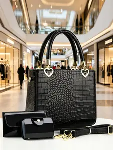 Women's Crocodile Pattern Satchel Set, Casual PU Leather Shoulder Bag, Handbag and Crossbody Bag, Trendy Three-Piece Set for All Seasons
