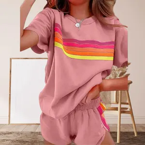 Rainbow Sports Short Sleeve 2 Piece Set Women Slim Fit Breathable Fitness Outfits | Rainbon Print Sports Short Sleeve Set Fashion Versatile Two Piece Outfits | Rainbow Gradient Sports Short Sleeve Set Daily Casual Two Piece Outfits sweatsuit