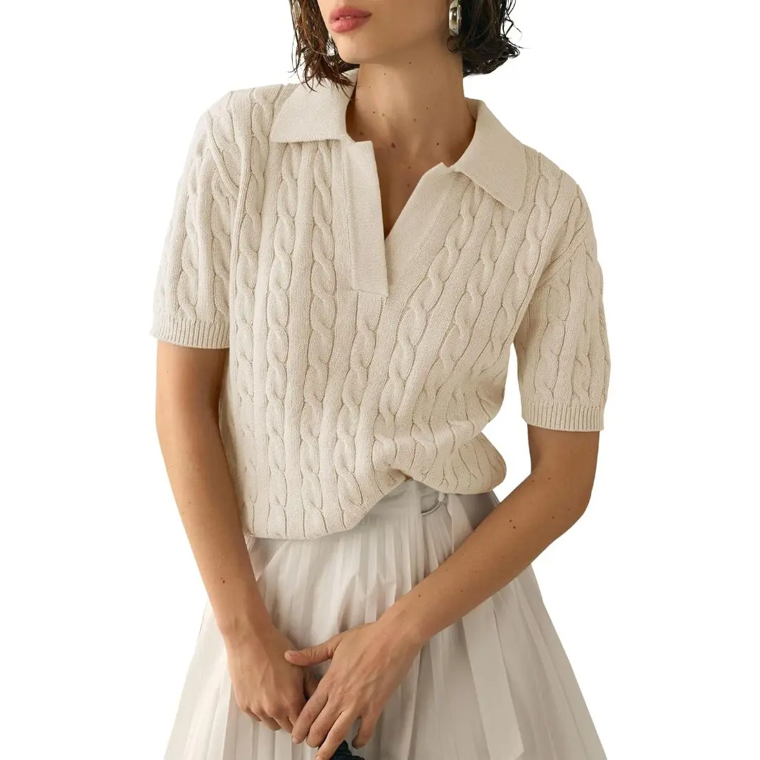 Saodimallsu Women's Minimalist Cute Cable Short-Sleeve V-Neck Lapel Knit Pullover, Soft Solid Casual Women's Clothes Top for Daily Wear,back to school,back to school shopping, Knitwear,clothes for back to school,first day of school outfits