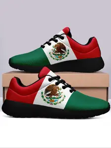 Men's 1 Pair Eagle & Plants Print Lace up Low Top Sneakers, Color Block Design Mexico Pattern Sneakers, Casual Comfortable Non-slip Soft Sole Sports Shoes, Breathable Comfortable Shoes for Daily Wear