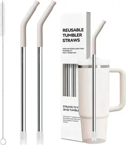 Metal Straw  for  30 OZ Tumbler, 2 count Long Stainless Steel Drinking Straws with  Tip for  Quencher 30 oz Cups, 1 Straw Brush,  Dishwasher Safe(Cream Gray)