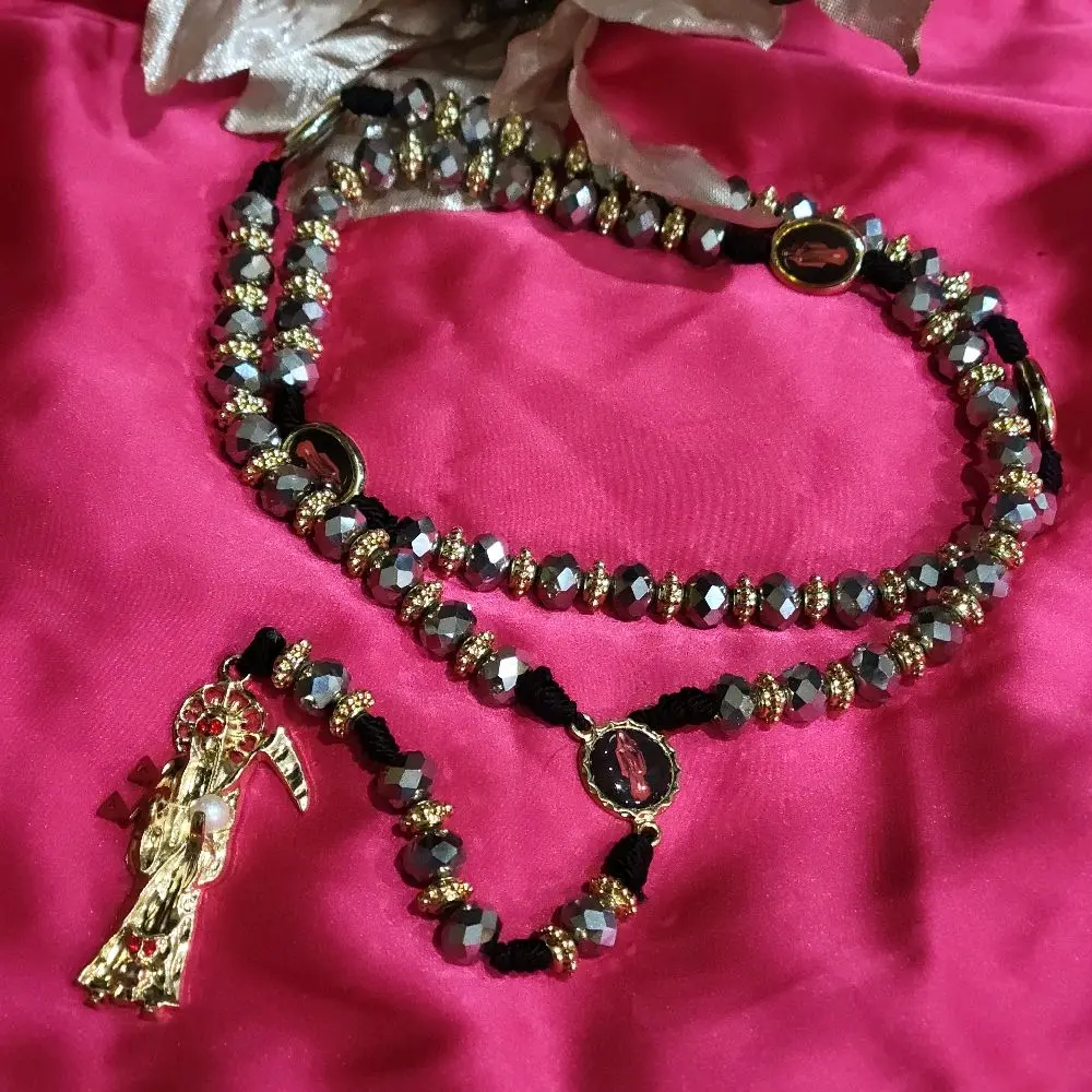 Santa Muerte Large beads crystal rosary metallic silver shiny beads.