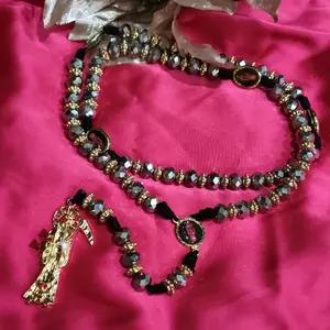 Santa Muerte Large beads crystal rosary metallic silver shiny beads.
