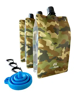 BellFlask - (Pack of 3, Camouflage) 15 oz. Plastic Flask, Patented, Flexible, Metal-Free, Reusuable, BPA-Free with Carabiner Clip and Filling Funnel
