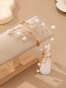 2 pcs set Faux Pearl Ring Bracelet And Ring Jewelry Set, Fashionable And Elegant Accessories Suitable For Women's Daily Wear