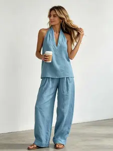 Two-piece Women's Fashion Minimalist Wraparound V-Neck Sleeveless Tank Top + Wide Leg Pants Set, Perfect for Summer, Island Getaways, Weekend Exhibition Visits, Light Business Commuting, and Ancient City Strolls