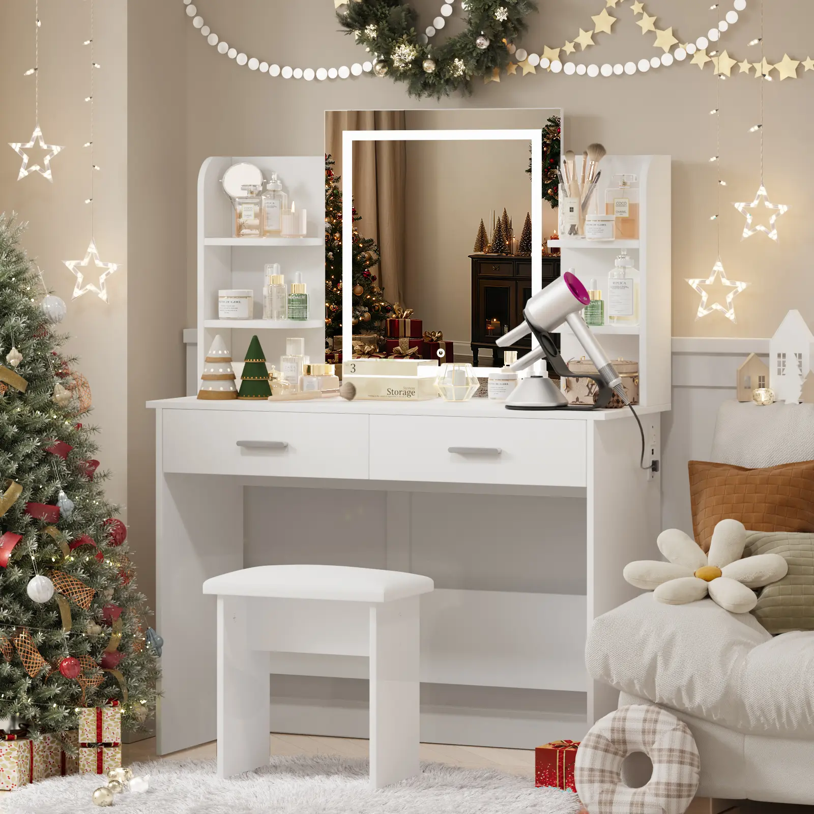 VOWNER Modern Makeup Vanity Desk with Lighted Mirror, 6 Storage Shelves, 2 Large Drawers and Cushioned Stool
