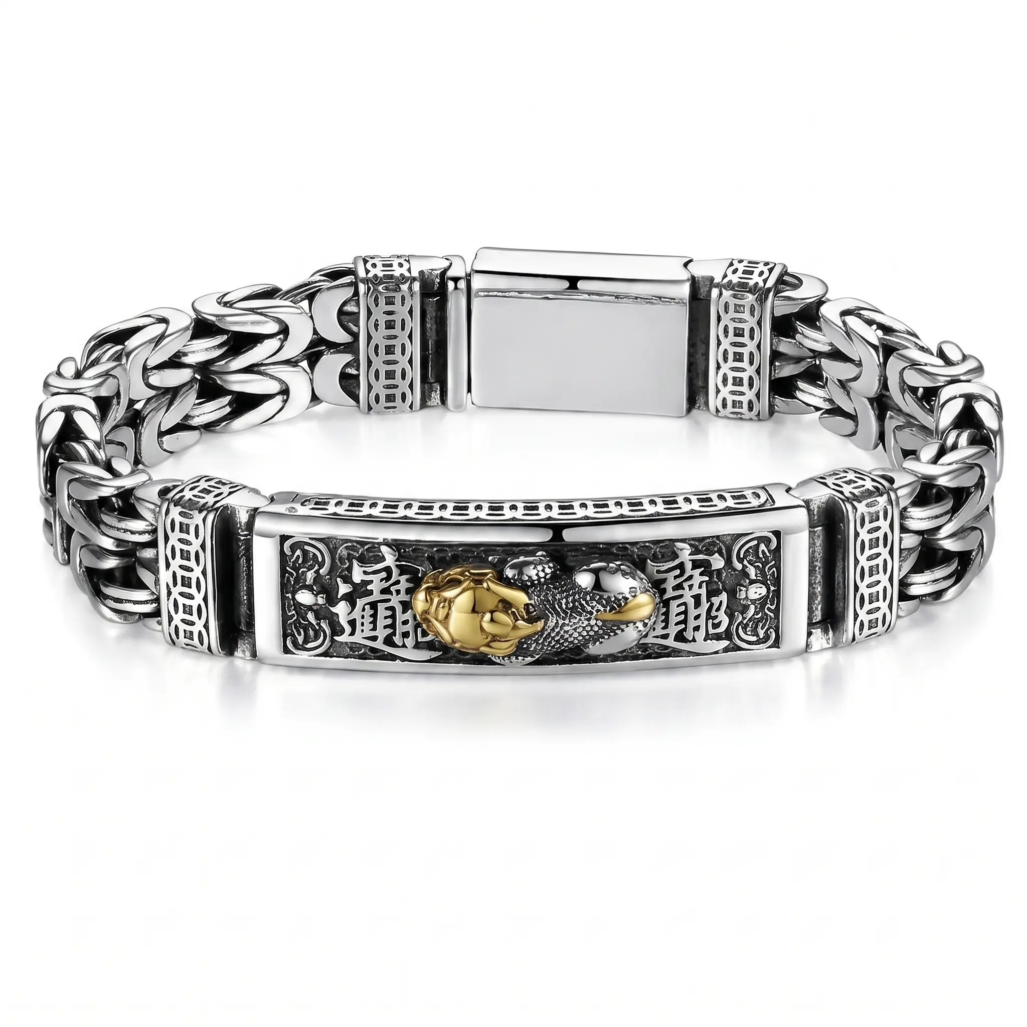 Silver Color Dragon Design Bracelet with Gold Accents and Intricate Patterns for Men