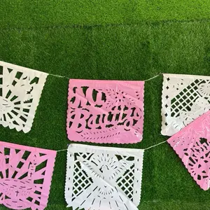 Bautizo Girl Pink/White Decoration Papel Picado Banner (5 Pack -10 Plastic Flags per Banner).