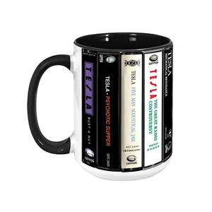 Tesla Albums Cassette Collection Retro Accent Mug, Tesla Band Coffee Mug for Rock Fans, Vintage Music Gift Featuring Tesla Band