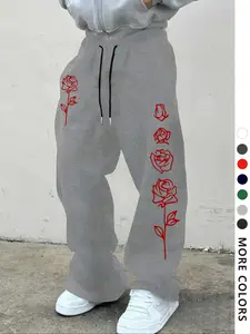 Men's Casual Sporty Long Pants, Rose Pattern Print, Drawstring Wide Leg, Loose-Fitting, All Seasons, Men's Fashion Joggers