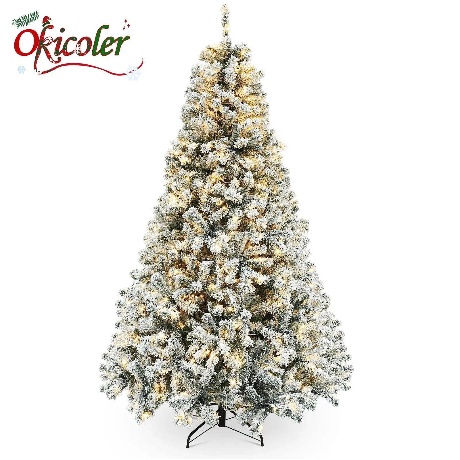 Okicoler 6.5 Foot Prelighted Artificial Xmas Tree, 250 Warm White Lights, Snow Flocked Design, 850 Lush Branch Tips, Foldable Stand, Durable Decor for Party & Backdrop