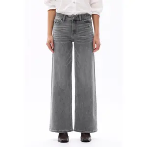 Women's High-Waist Baggy Basic Wide-Leg Jeans - Vintage Washed Grey Distressed Denim Pants, Casual Streetwear Bottoms