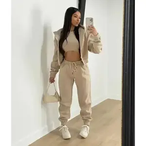 3pcs Women's Clothing Set Fleece-lined Hooded Sweater &Sleeveless Tank Top & Sports Sweatpants PantsGiftGift