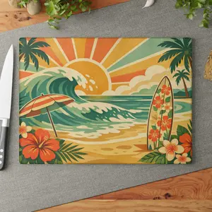 Glass Cutting Board Tropical Wave – Beach Kitchen Décor, Surf Art Summer Gift