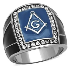 Men's Mason Masonic Freemason Stainless Steel Ring with Clear Crystal Accents