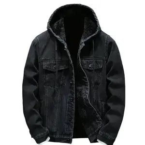 Men's wool lined denim hooded jacket - winter warm denim jacket, casual button style, thick truck jacket - sports shirt, men's top long sleeved beige leggings plain leather jacket business casual top blue suit
